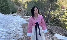 Asian college girl gets fucked in the Korean forest